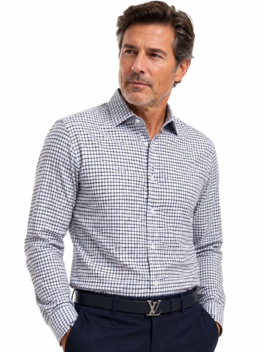 Louis Vuitton Men's White and Blue Checked Button-Down Shirt XL